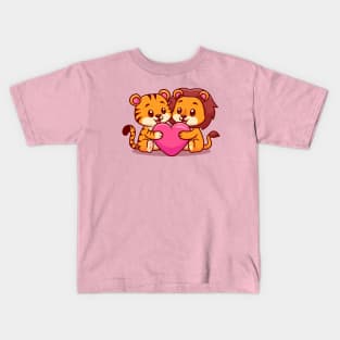 Cute Tiger And Lion Hug Love Heart Cartoon Kids T-Shirt